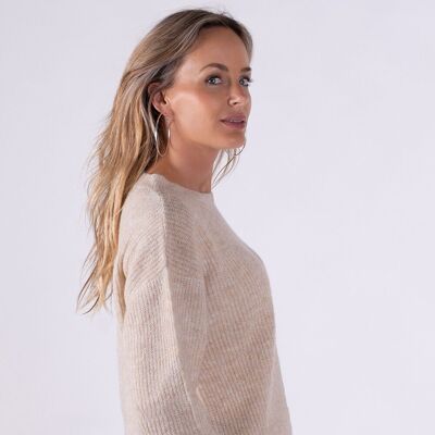 Jersey de mujer mezcla lana color arena melange manga larga con cuello redondo -BERGEN