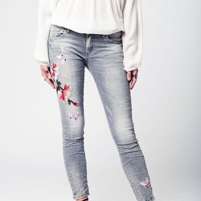 Gray slim denim embroidered jeans