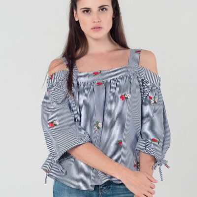 Top a righe ricamato con spalle scoperte in blu scuro
