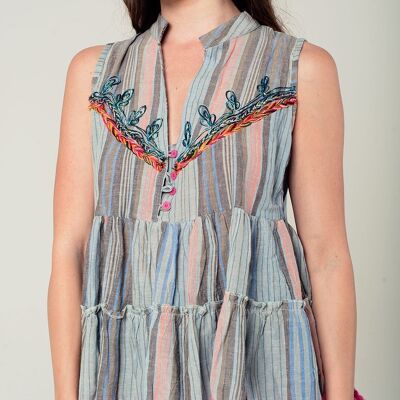 Sleeveless blouse with tassels and embroidery in grey