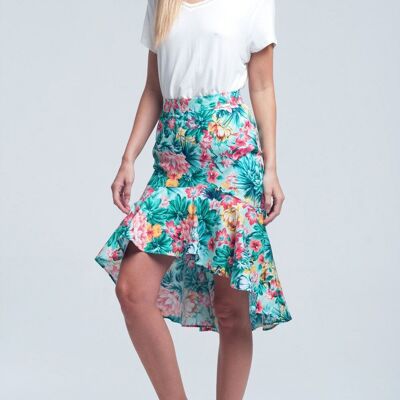 Floral asymmetrical green skirt