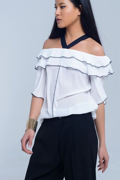 White top with black contrast trim