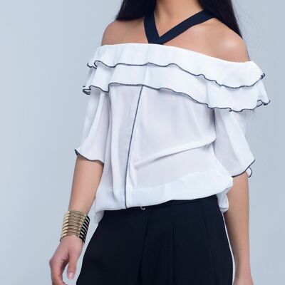 White top with black contrast trim