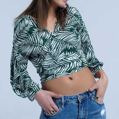 Green leaf print blouse with plunge neck