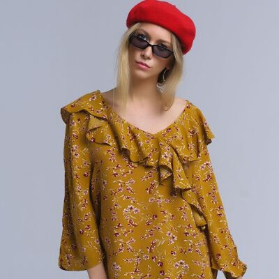 Shirt with crossed ruffles in mustard