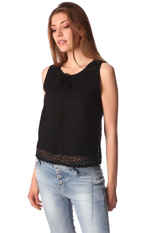 Black crochet lace top with contrast tie detail