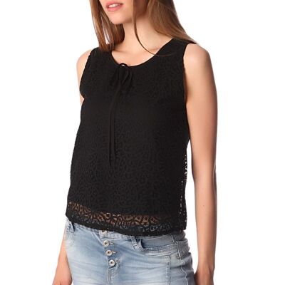 Black crochet lace top with contrast tie detail