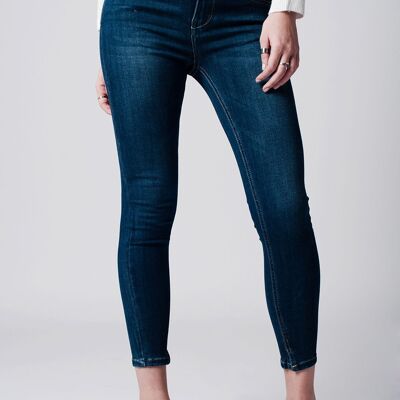 Jean skinny taille basse bleu foncé délavé