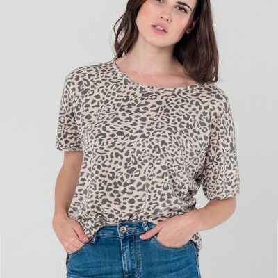 T-shirt oversize leopardata rosa con dettaglio lacci sul retro