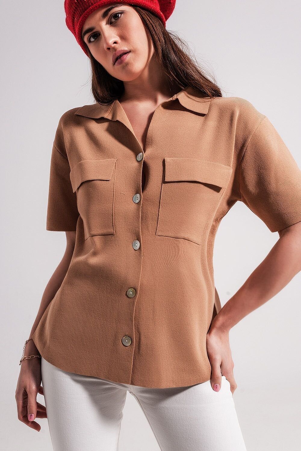 Maglia a maniche corte in maglia cammello