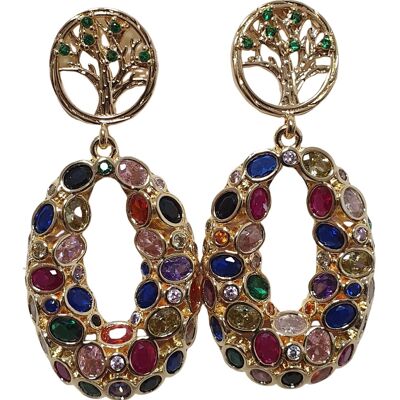 Gold colored earring with multicolored zircons