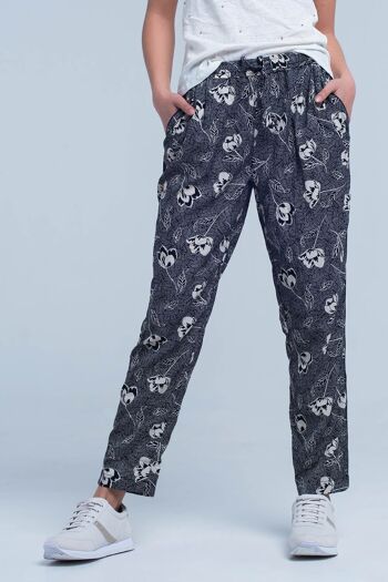 Pantalon noir à imprimé fleuri 2