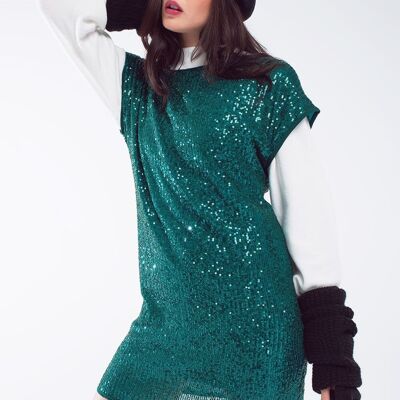 Relaxed Sequin Dress With Short Sleeves and Open Back in Green