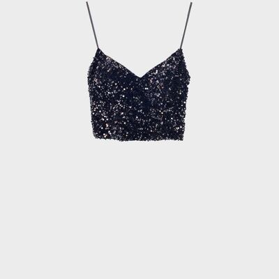 top corto glitterato con paillettes in nero