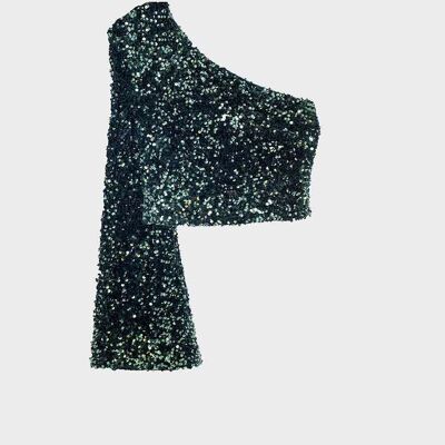 Top monospalla glitterato in nero con verde