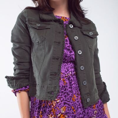 Raw edge denim jacket in military Green