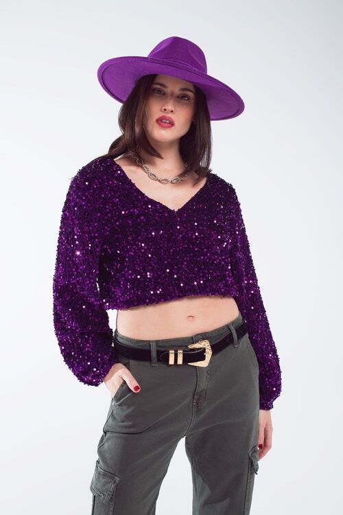 Purple sequin top with V-Neckline ballon sleeves and Open Back