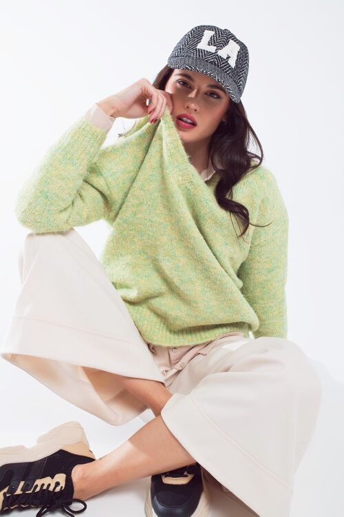 Green fluffy knit sweater with V-neck