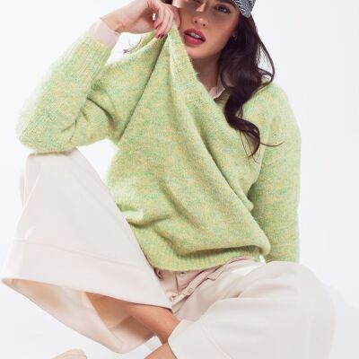 Green fluffy knit sweater with V-neck