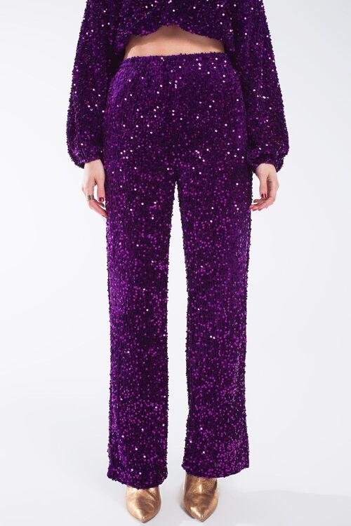 Wide Leg Sequin Pants With Side Pockets In Purple