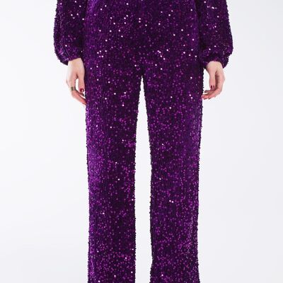 Wide Leg Sequin Pants With Side Pockets In Purple