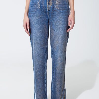 Jeans strappati a gamba dritta con bagliori metallici dorati