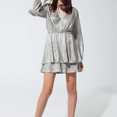 Wrap Long Sleeve Tiered Silver Dress