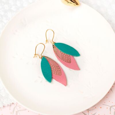 Pétales earrings - blue-green and dark pink leather