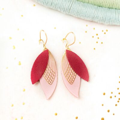 Pétales earrings - dark red and pink leather