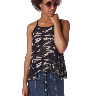 Gray camo print dip hem top