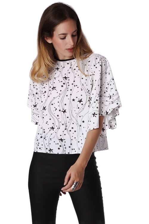 Relaxed Angel Sleeve Top In Black Star Print