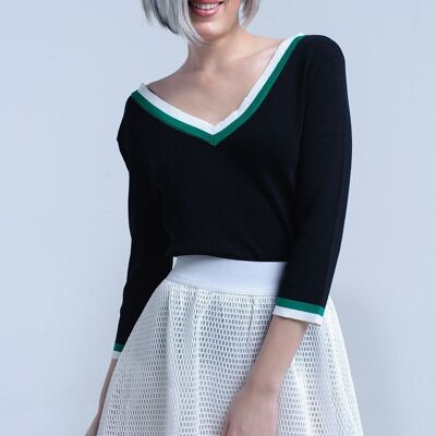 Black V-neck jersey with green and white contrast trim