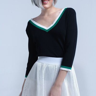 Maglia nera con scollo a V con finiture a contrasto verde e bianco