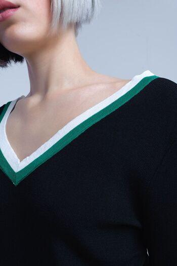 Jersey noir à col en V avec bordure contrastée verte et blanche 6
