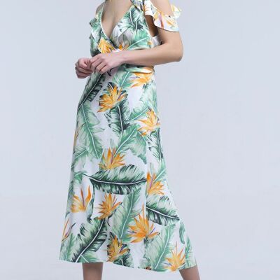 Robe midi blanche en feuilles tropicales