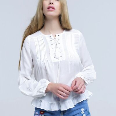 White lace up top with ruffle detail
