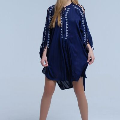 Blue Navy embroidered dress with open sleeve detail