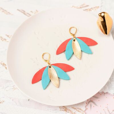 Boucles d'oreilles Palmier - cuir doré, bleu cyan, rouge