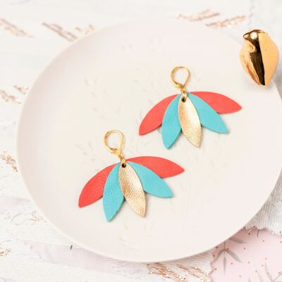 Palm tree earrings - gold leather, cyan blue, red