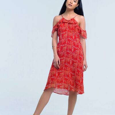 Red dress with printed flowers and ruffles