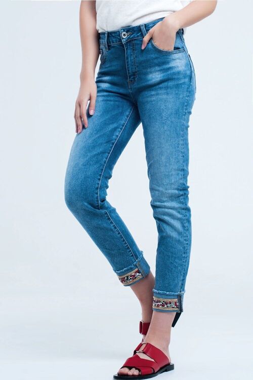 Straight ankle jeans with crystal detail