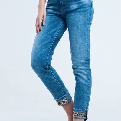 Straight ankle jeans with crystal detail