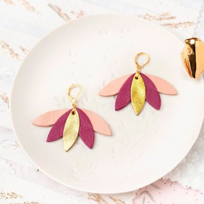 Palmier earrings - golden leather, plum, salmon pink
