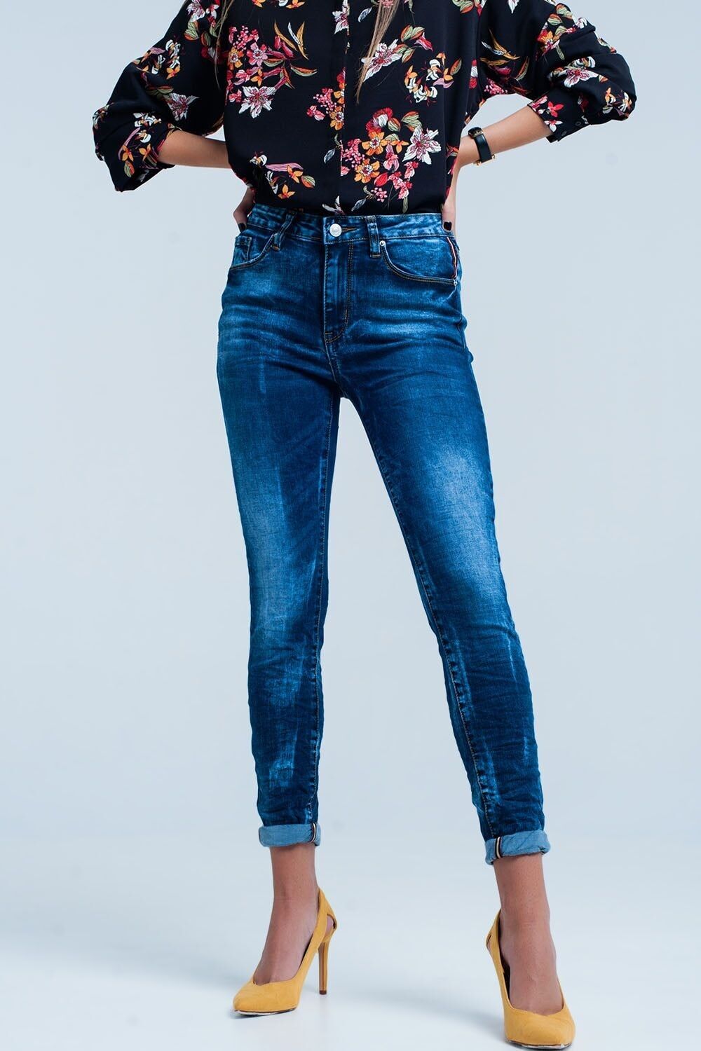 Jeans skinny blu stropicciati a vita alta