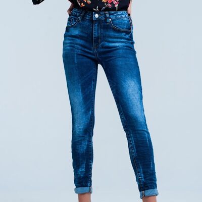 Jean skinny taille haute froissé bleu