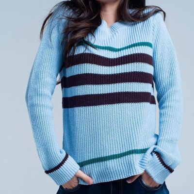 Blue Rib Stitch Sweater with Stripes