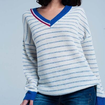 Blue Striped Sweater with V-neck