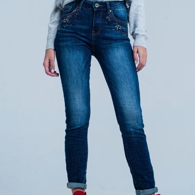 Jeans a vita alta lavaggio scuro con dettagli in strass