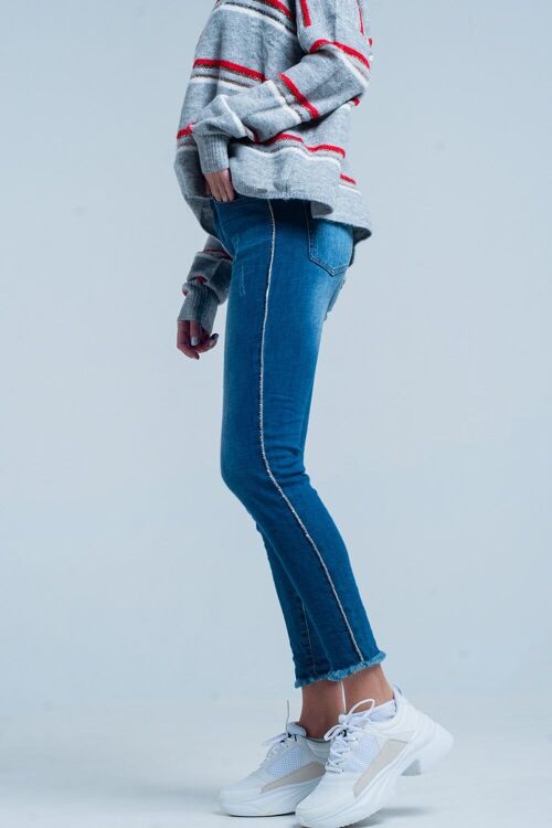 Fringed Skinny Jeans with Strass Side Stripe