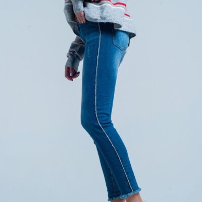 Fringed Skinny Jeans with Strass Side Stripe